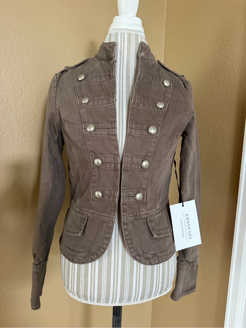 Amber Sky Faded Light Brown Denim Military Band Jacket S NWT